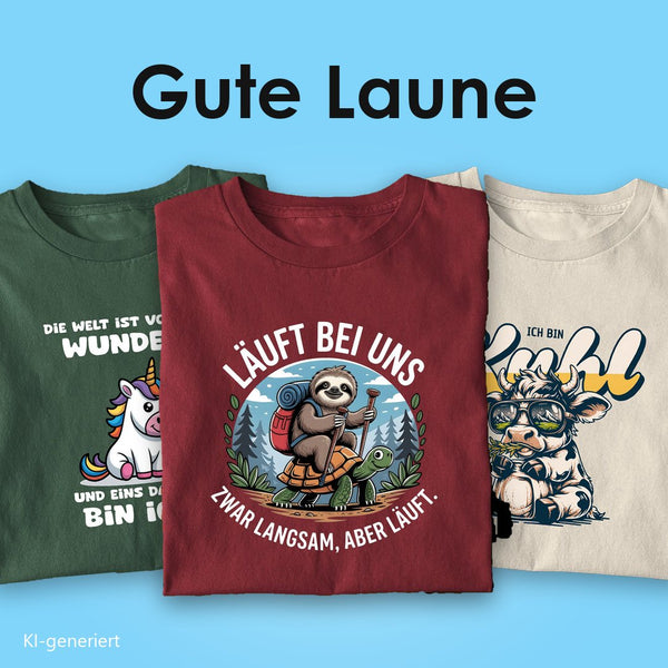 Gute Laune T-Shirts: drei Bio T-Shirts mit Spruch, vorn das Faultier „Läuft bei uns, zwar langsam, aber läuft“ auf Burgunder