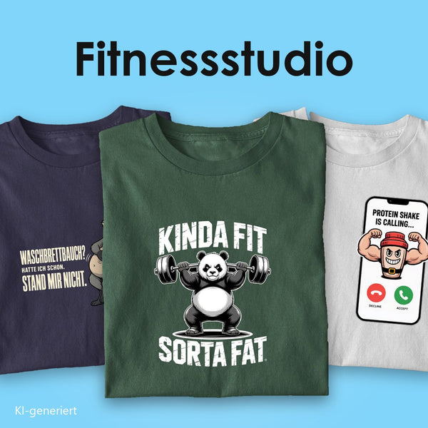 Fitnessstudio T-Shirts: drei T-Shirts mit Spruch, vorn der Panda mit Hantel „Kinda fit, sorta fat“ auf Grün