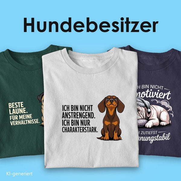 T-Shirts für Hundebesitzer: drei T-Shirts mit Spruch, vorn der Dackel „Ich bin nicht anstrengend, ich bin nur charakterstark“ auf Weiß