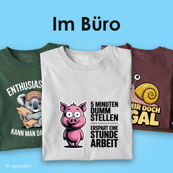 Büro T-Shirts: drei Bio T-Shirts mit Spruch, vorn das Schwein „5 Minuten dumm stellen erspart eine Stunde Arbeit“ auf Weiß