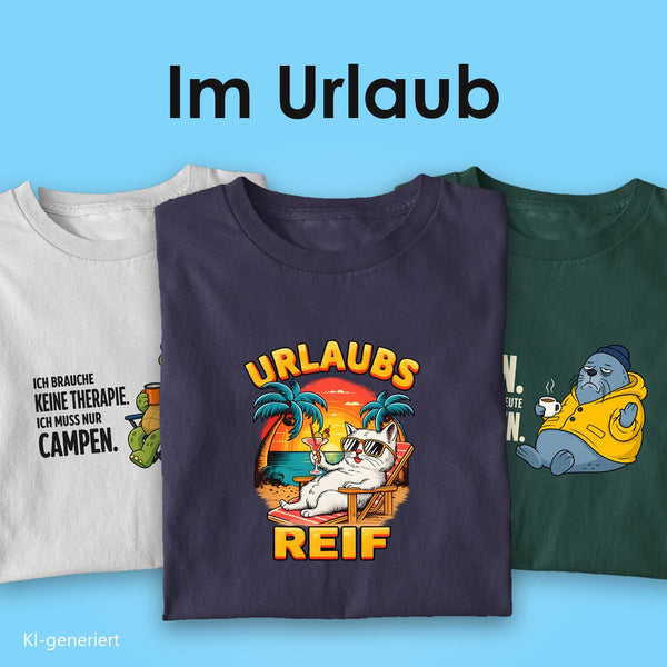 Urlaub T-Shirts: drei T-Shirts mit Spruch, vorn „Urlaubsreif“ mit Palmen und Liegestuhl auf Navy