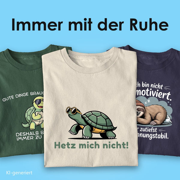 Immer mit der Ruhe T-Shirts: drei Bio T-Shirts mit Spruch, vorn die Schildkröte „Hetz mich nicht!“ auf Beige