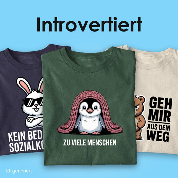 T-Shirts für Introvertierte: drei Bio T-Shirts mit Spruch, vorn der Pinguin „Zu viele Menschen“ auf Grün