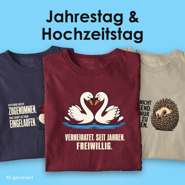 T-Shirts zum Jahrestag und Hochzeitstag: drei T-Shirts mit Spruch, vorn die Schwäne „Verheiratet. Seit Jahren. Freiwillig.“ auf Burgunder