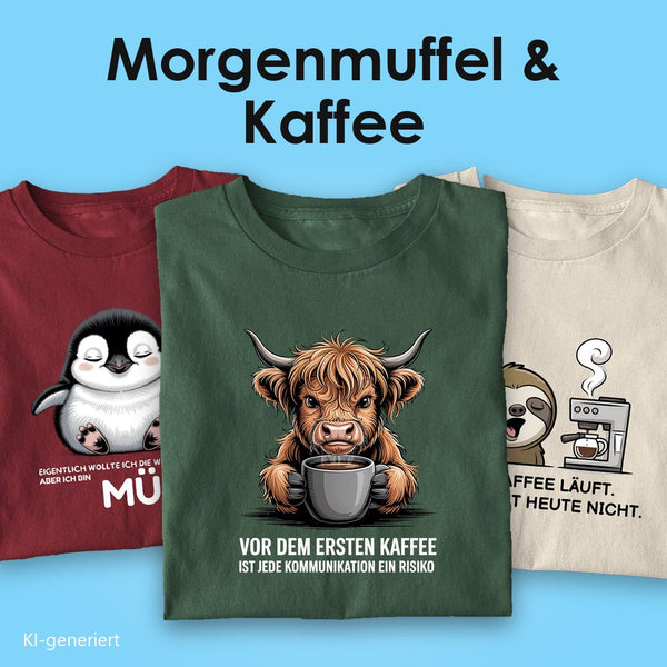 Morgenmuffel und Kaffee T-Shirts: drei Bio T-Shirts mit Spruch, vorn das Hochlandrind „Vor dem ersten Kaffee“ auf Grün