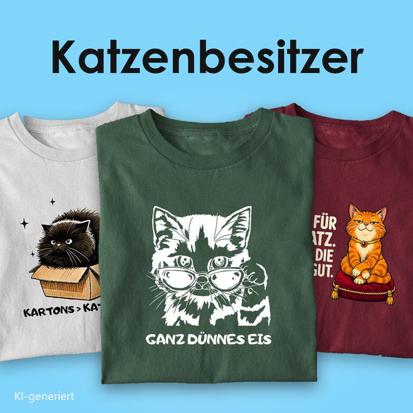 T-Shirts für Katzenbesitzer: drei T-Shirts mit Spruch, vorn die Katze mit Brille „Ganz dünnes Eis“ auf Grün