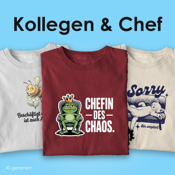 T-Shirts für Kollegen und Chef: drei Bio T-Shirts mit Spruch, vorn der Frosch mit Krone „Chefin des Chaos“ auf Burgunder