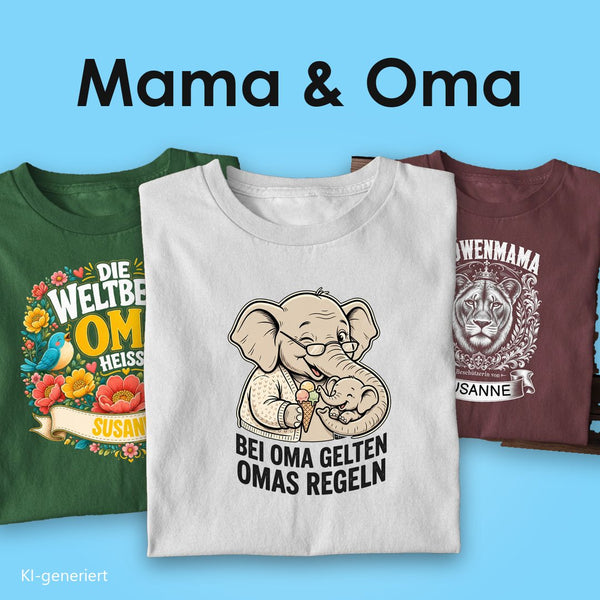 T-Shirts für Mama und Oma: drei T-Shirts mit Spruch, vorn der Elefant „Bei Oma gelten Omas Regeln“ auf Weiß