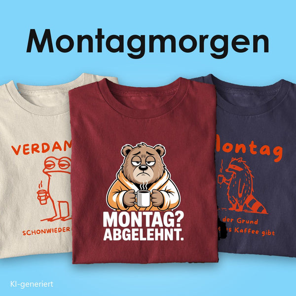 Montagmorgen T-Shirts: drei Bio T-Shirts mit Spruch, vorn der Bär mit Kaffee „Montag? Abgelehnt.“ auf Burgunder