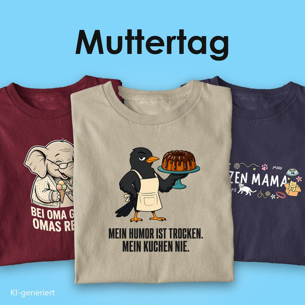 Muttertagsgeschenke: drei T-Shirts mit Spruch, vorn die Amsel mit Kuchen „Mein Humor ist trocken, mein Kuchen nie“ auf Beige