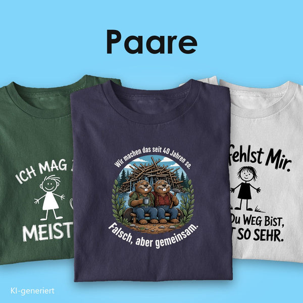T-Shirts für Paare: drei T-Shirts mit Spruch, vorn die zwei Biber „Falsch, aber gemeinsam“ auf Navy