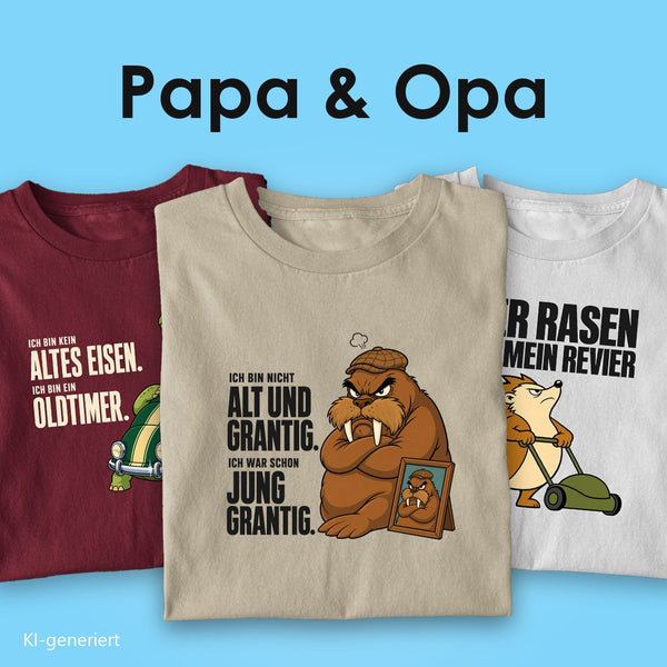 T-Shirts für Papa und Opa: drei T-Shirts mit Spruch, vorn das Walross „Ich bin nicht alt und grantig, ich war schon jung grantig“ auf Beige