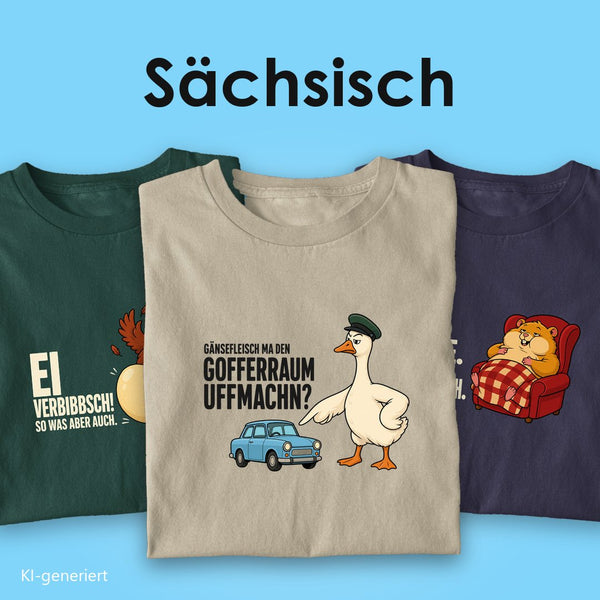 Sächsische T-Shirts: drei T-Shirts mit Spruch, vorn die Gans mit Trabi „Gänsefleisch ma den Gofferraum uffmachn?“ auf Beige