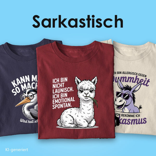 Sarkastische T-Shirts: drei Bio T-Shirts mit Spruch, vorn das Alpaka „Ich bin nicht launisch, ich bin emotional spontan“ auf Burgunder