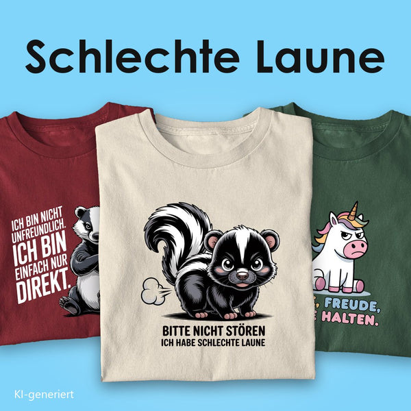 Schlechte Laune T-Shirts: drei Bio T-Shirts mit Spruch, vorn das Stinktier „Bitte nicht stören, ich habe schlechte Laune“ auf Beige