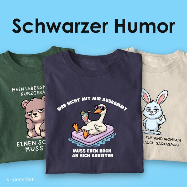 Schwarzer Humor T-Shirts: drei Bio T-Shirts mit Spruch, vorn die Ente „Wer nicht mit mir auskommt, muss eben noch an sich arbeiten“ auf Navy