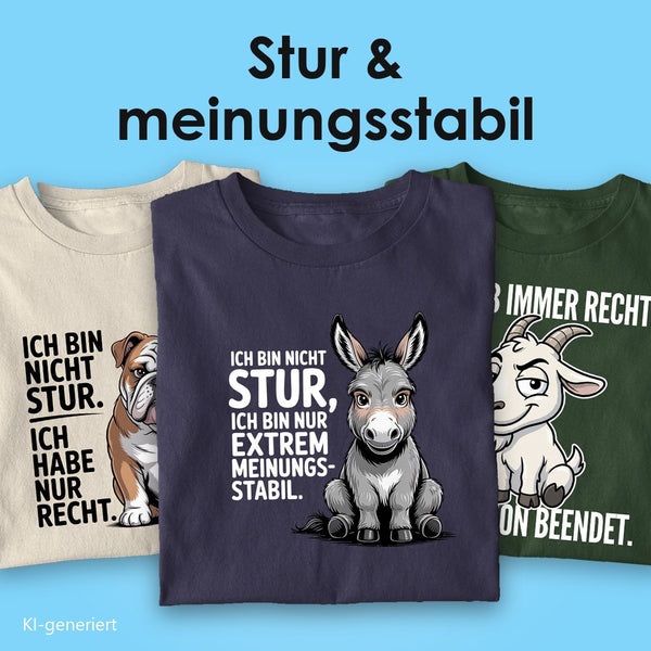 T-Shirts für Sturköpfe: drei Bio T-Shirts mit Spruch, vorn der Sture Esel „Ich bin nicht stur“ auf Navy