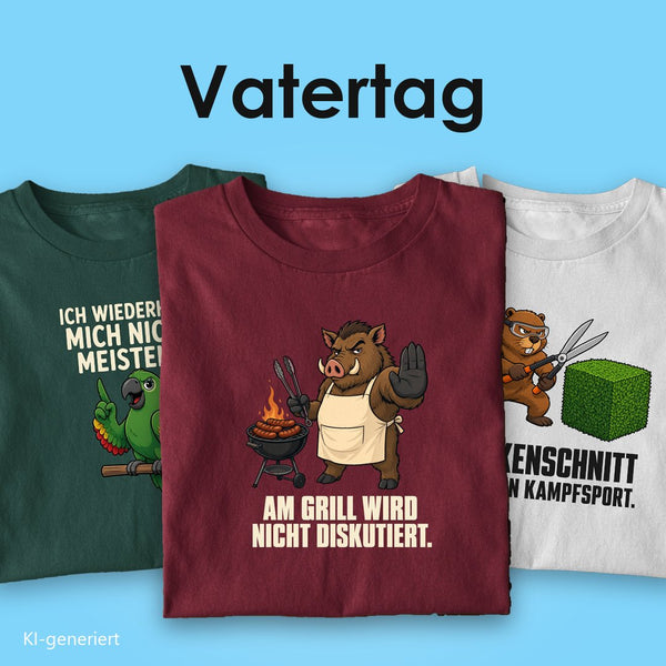 Vatertagsgeschenke: drei T-Shirts mit Spruch, vorn das Wildschwein am Grill „Am Grill wird nicht diskutiert“ auf Burgunder