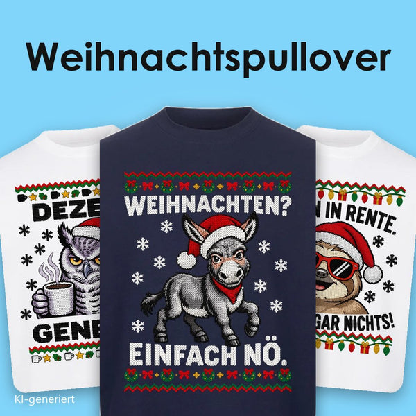 Lustige Weihnachtspullover: drei Ugly-Christmas-Sweatshirts mit Esel, Eule und Faultier