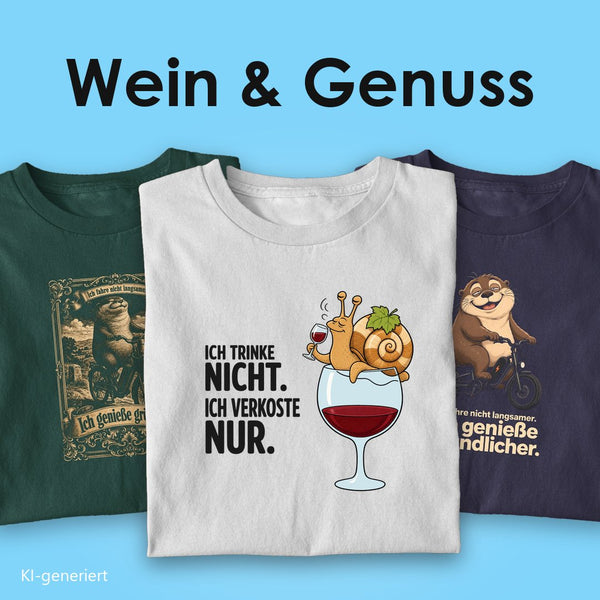 Wein und Genuss T-Shirts: drei T-Shirts mit Spruch, vorn die Weinbergschnecke im Glas „Ich trinke nicht, ich verkoste nur“ auf Weiß