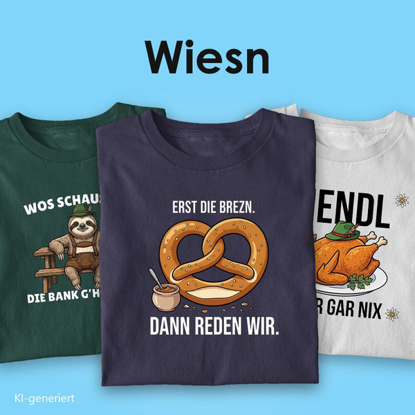 Wiesn T-Shirts: drei T-Shirts mit Spruch, vorn die Brezn „Erst die Brezn, dann reden wir“ auf Navy