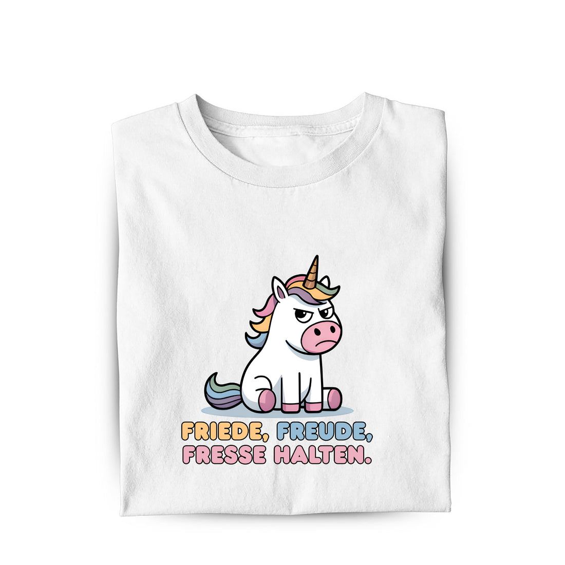 Lustiges Bio T-Shirt mit Spruch Friede Freude Fresse halten, Vorderansicht