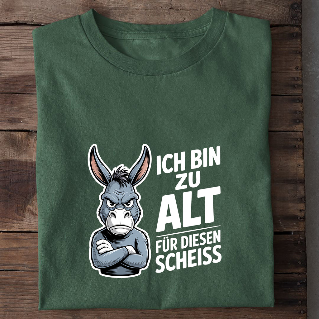 T-Shirt Ich bin zu alt Esel, Nahaufnahme