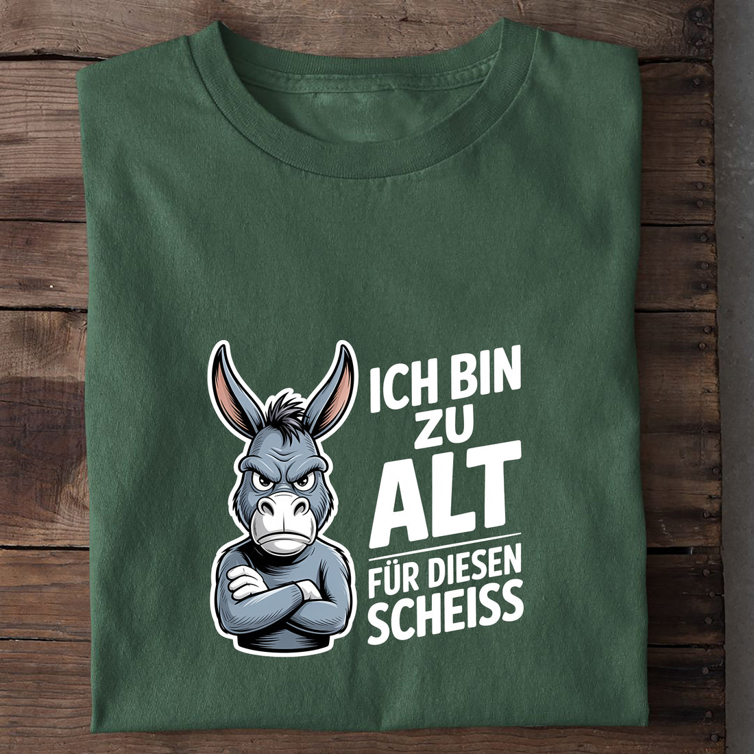T-Shirt Ich bin zu alt Esel, Nahaufnahme