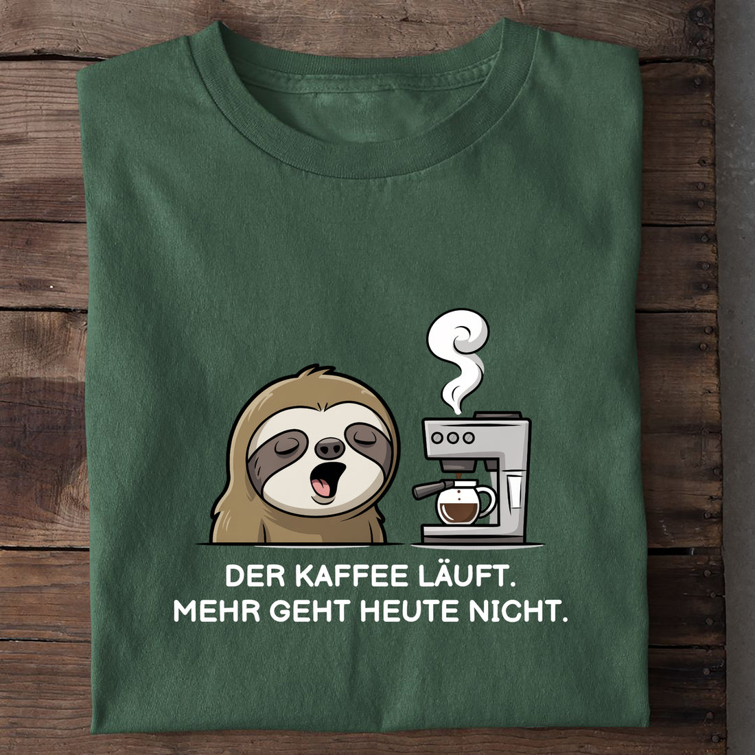 T-Shirt Der Kaffee läuft Faultier, Nahaufnahme