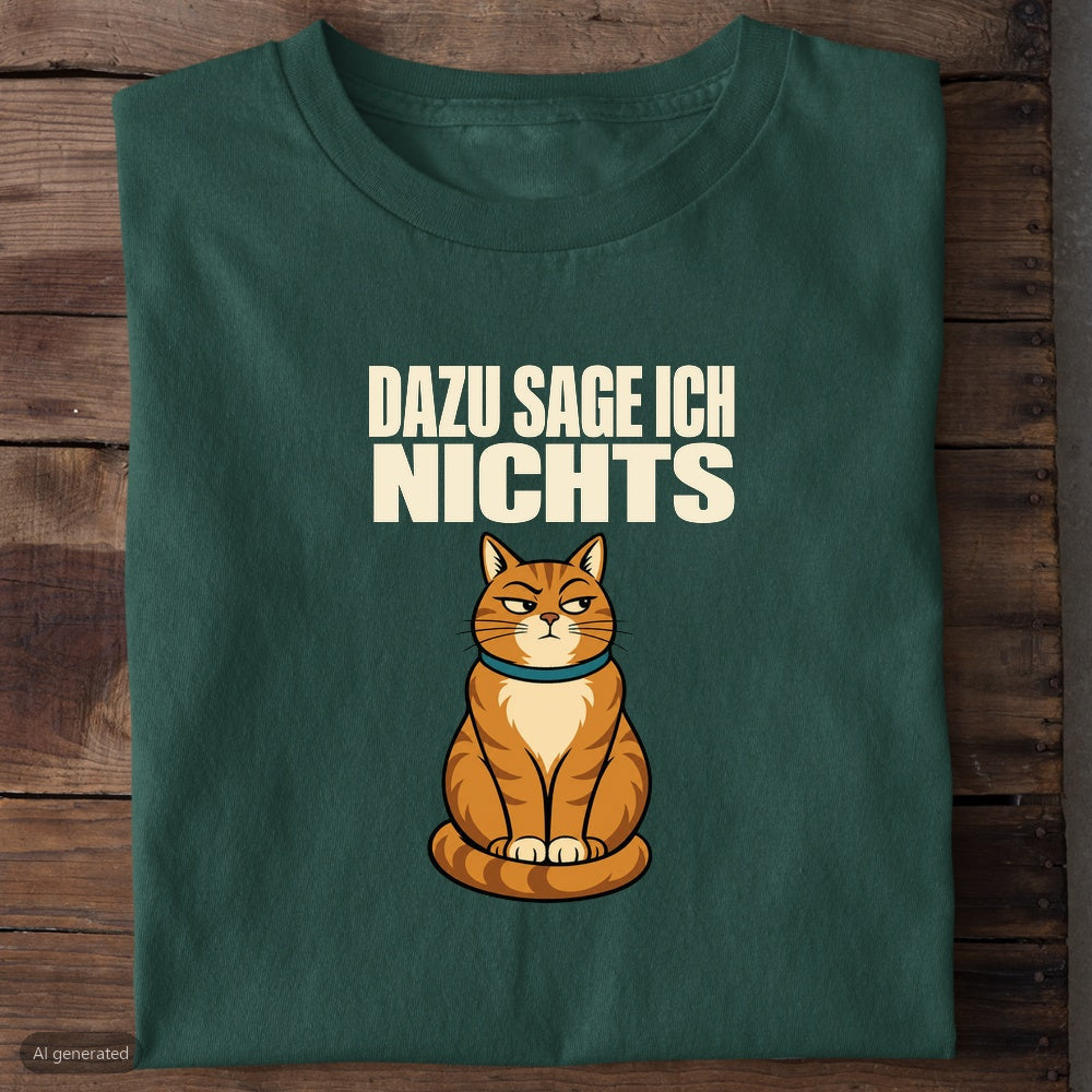 Grünes Bio-T-Shirt mit Katze und Spruch Dazu sage ich nichts