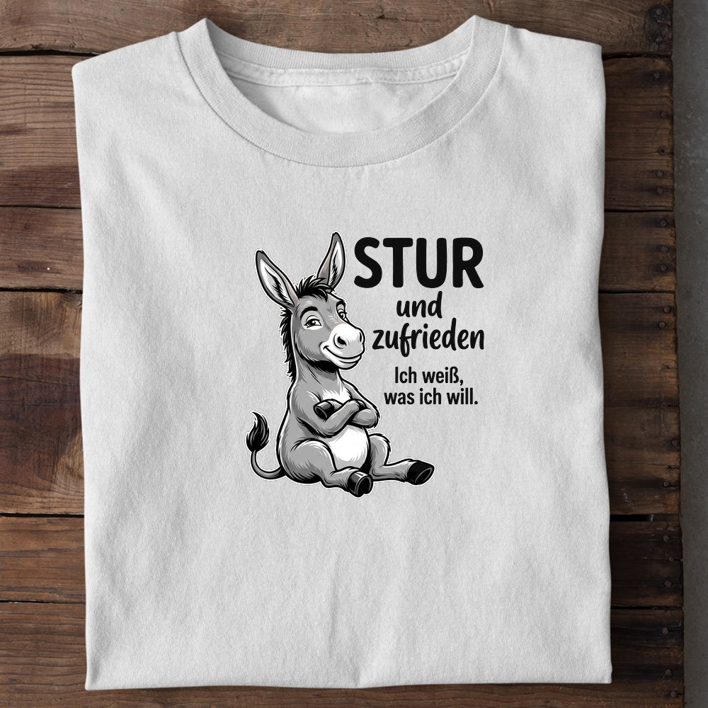 Unisex Bio-T-Shirt von Beyond Humor mit sturem Esel und dem Spruch 'Stur und zufrieden'