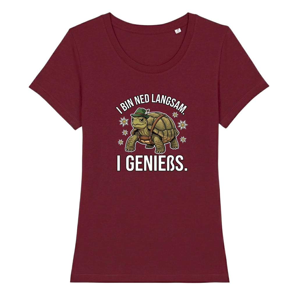 I bin ned langsam Wiesn Damen T-Shirt in Burgunder