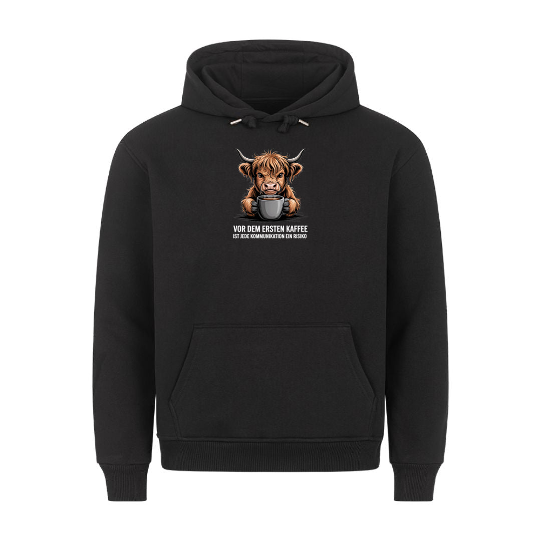 Lustiger Hoodie mit Spruch Erster Kaffe, Vorderansicht