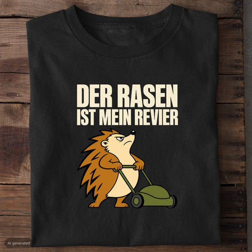 Schwarzes Bio-T-Shirt mit Igel am Rasenmäher und Spruch Der Rasen ist mein Revier