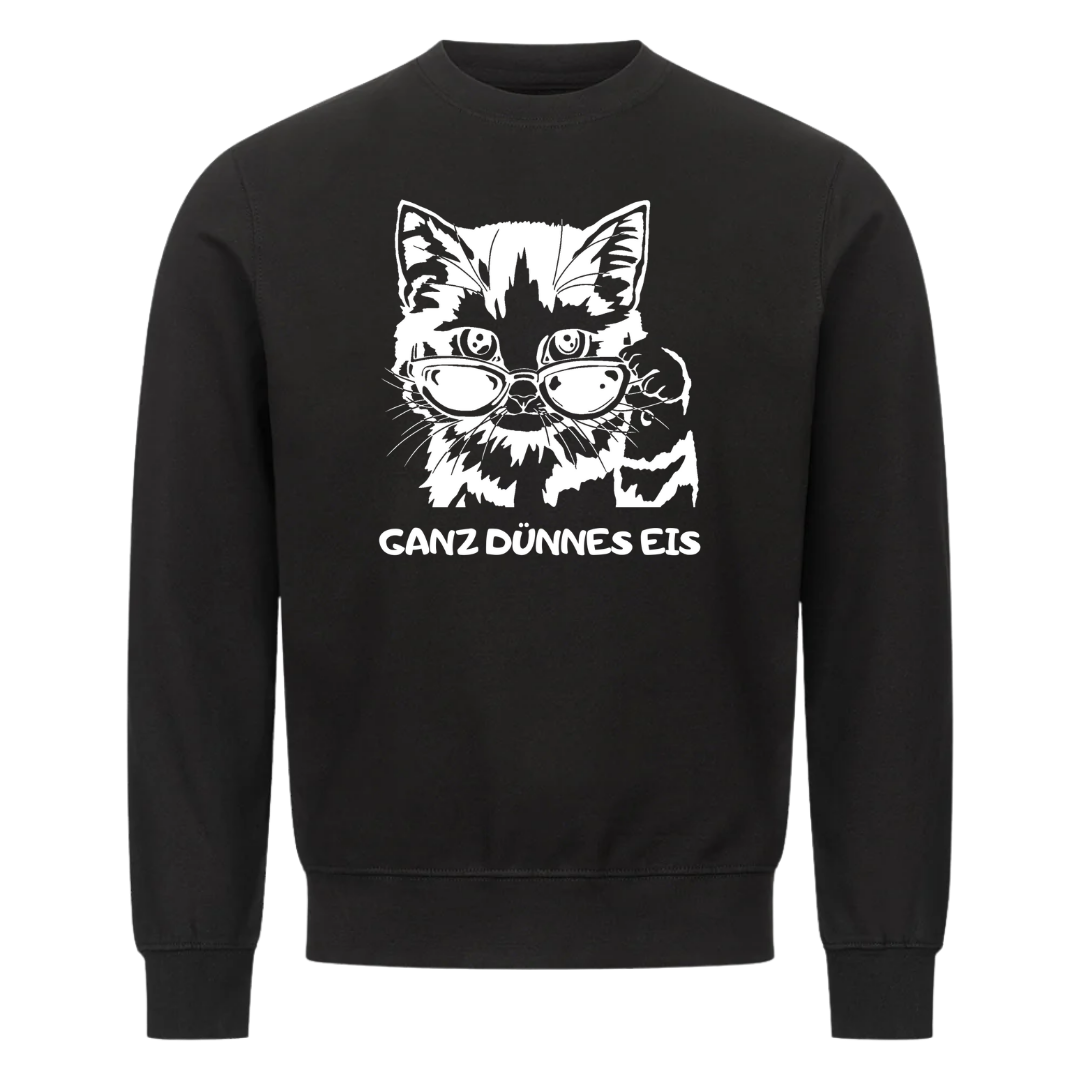 Lustiges Sweatshirt mit Spruch Dünnes Eis Katze, Vorderansicht