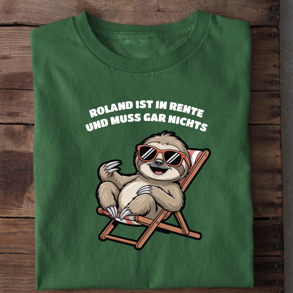 Unisex Bio-T-Shirt von Beyond Humor mit entspanntem Faultier und dem Spruch 'Rente Faultier' – Ansicht 4