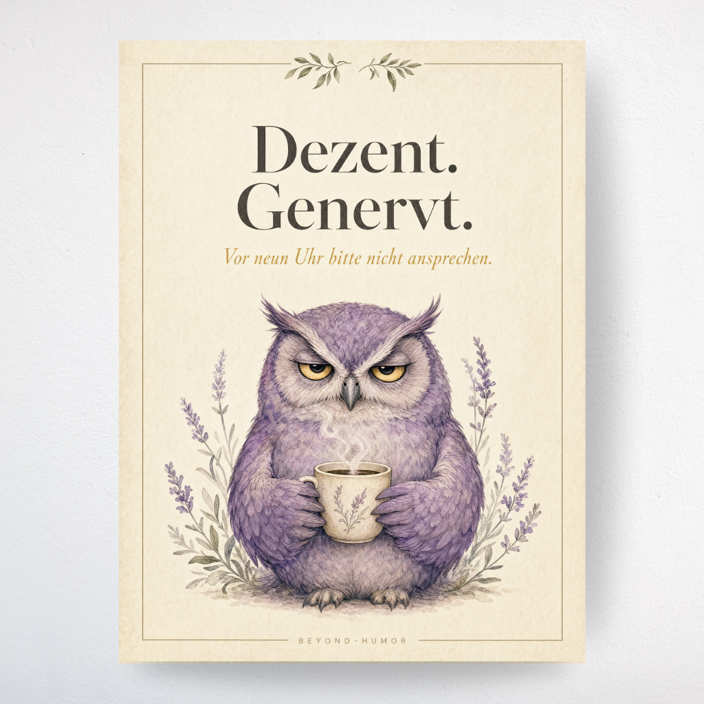 Dezent Genervt A4 Poster mit Spruch und grimmiger Eule von Beyond Humor