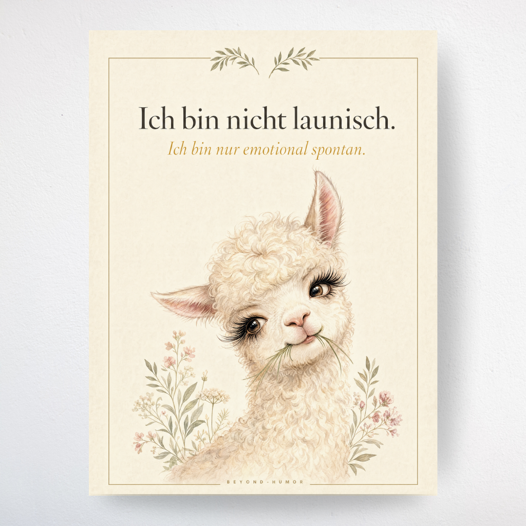 Emotional Spontan A4 Poster mit Spruch und charmantem Alpaka von Beyond Humor