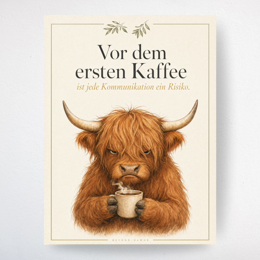 Erster Kaffee A4 Poster mit Spruch und mürrischer Highland-Kuh von Beyond Humor