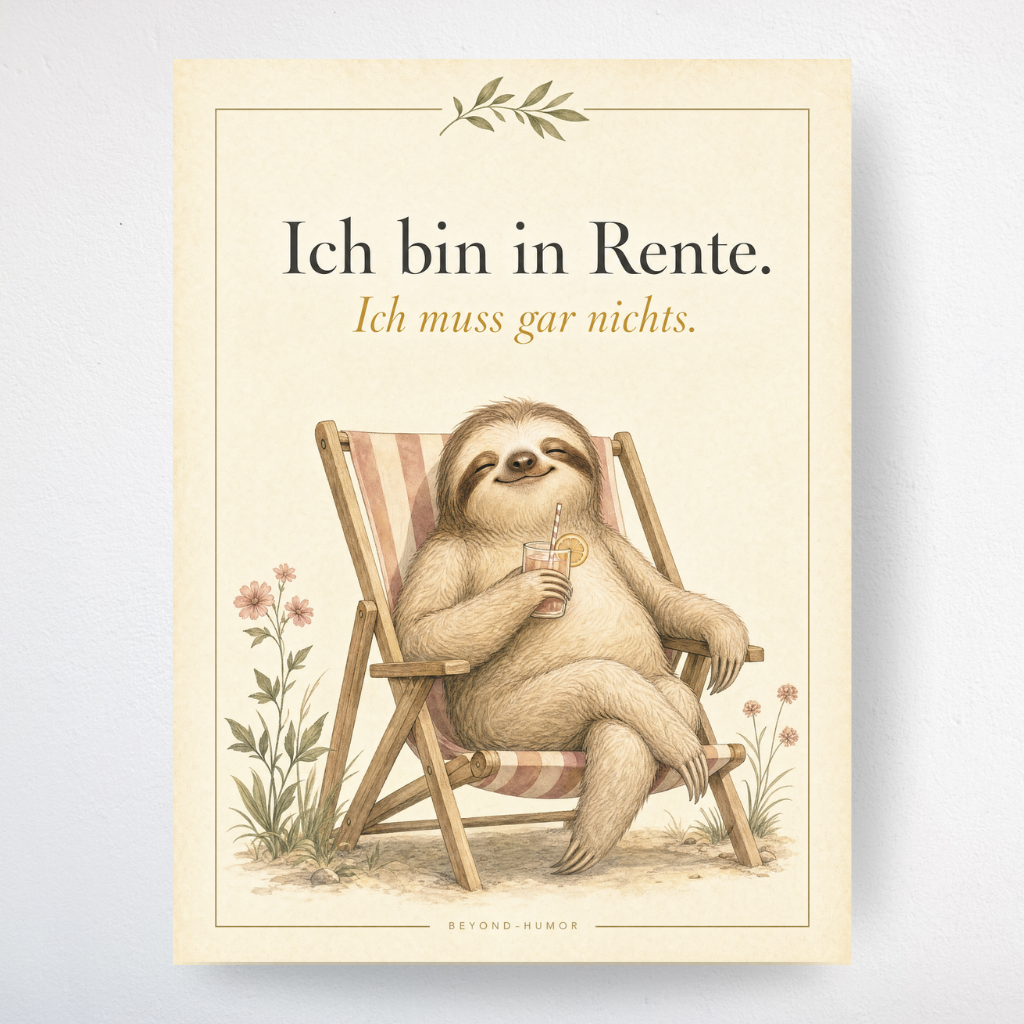 Ich bin in Rente A4 Poster mit Spruch und entspanntem Faultier von Beyond Humor