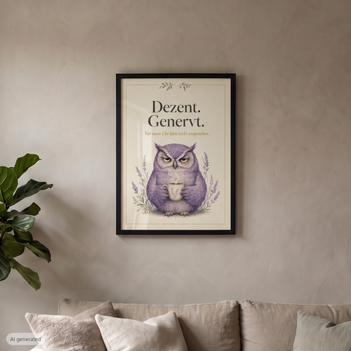 Dezent Genervt Poster gerahmt über dem Sofa im Wohnzimmer, A4