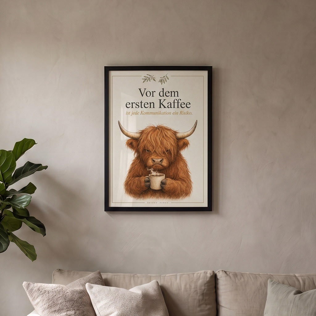 Erster Kaffee Poster gerahmt über dem Sofa im Wohnzimmer, A4