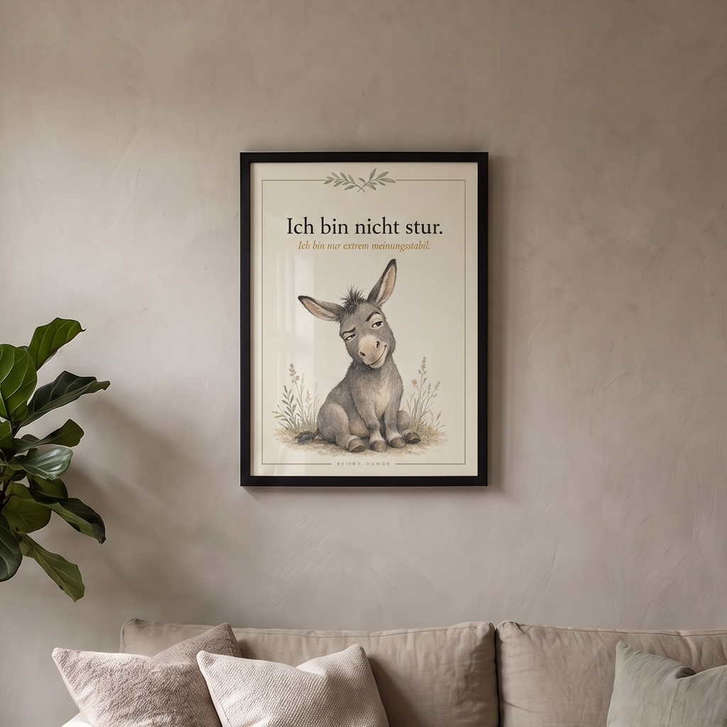 Sturer Esel Poster gerahmt über dem Sofa im Wohnzimmer, A4