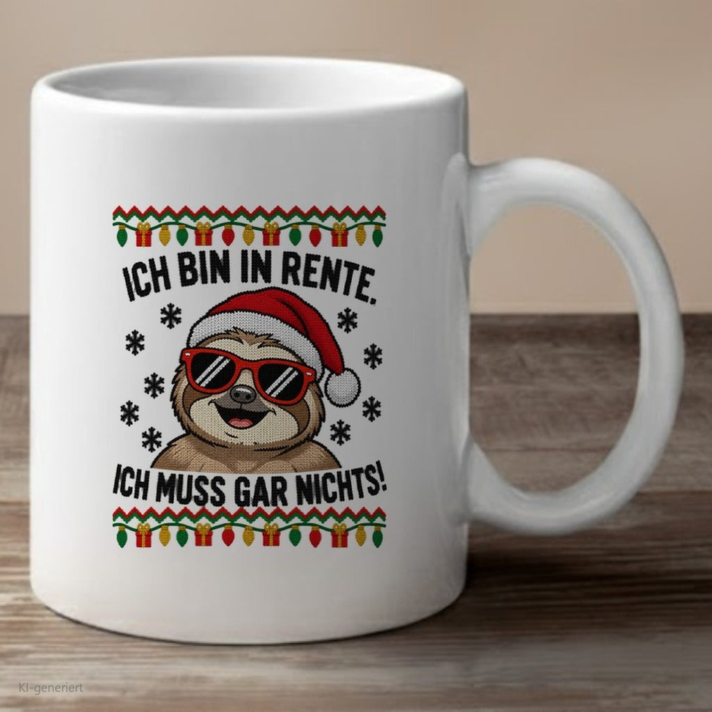 Faultier Weihnachtstasse Ich bin in Rente - lustige Tasse mit Ugly-Christmas-Motiv