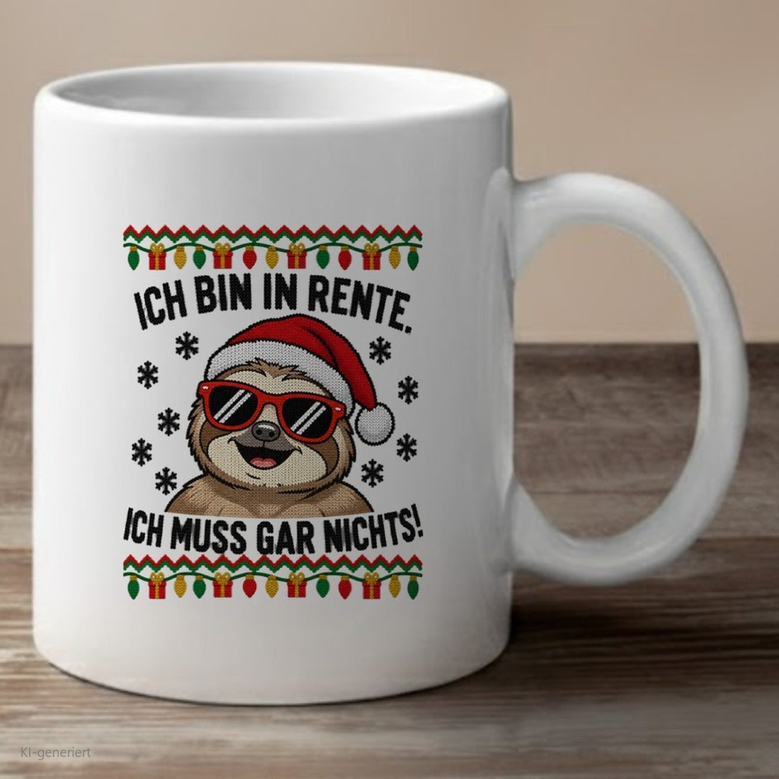 Faultier Weihnachtstasse Ich bin in Rente - lustige Tasse mit Ugly-Christmas-Motiv