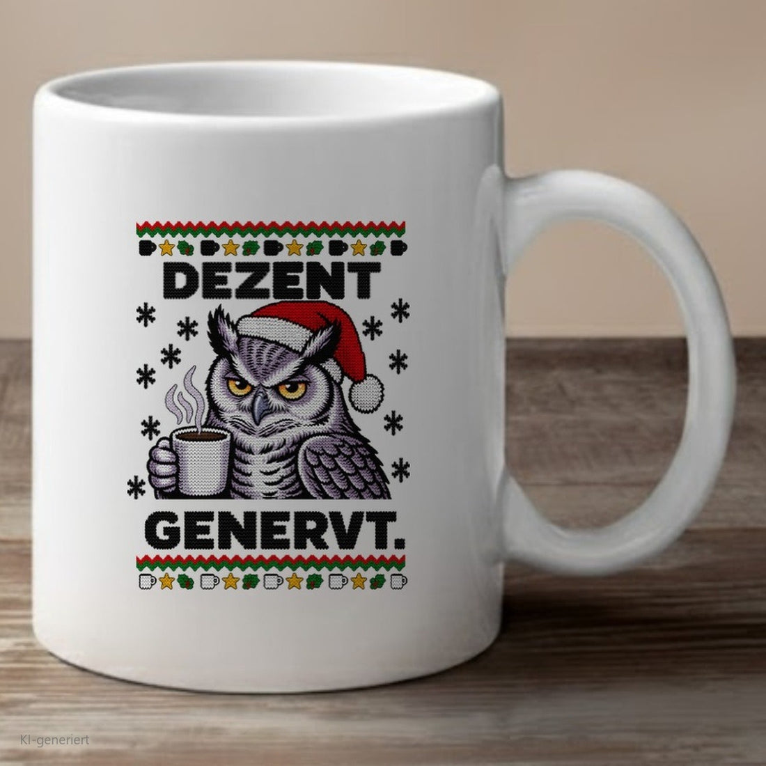 Eule Weihnachtstasse Dezent genervt - lustige Tasse mit Ugly-Christmas-Motiv