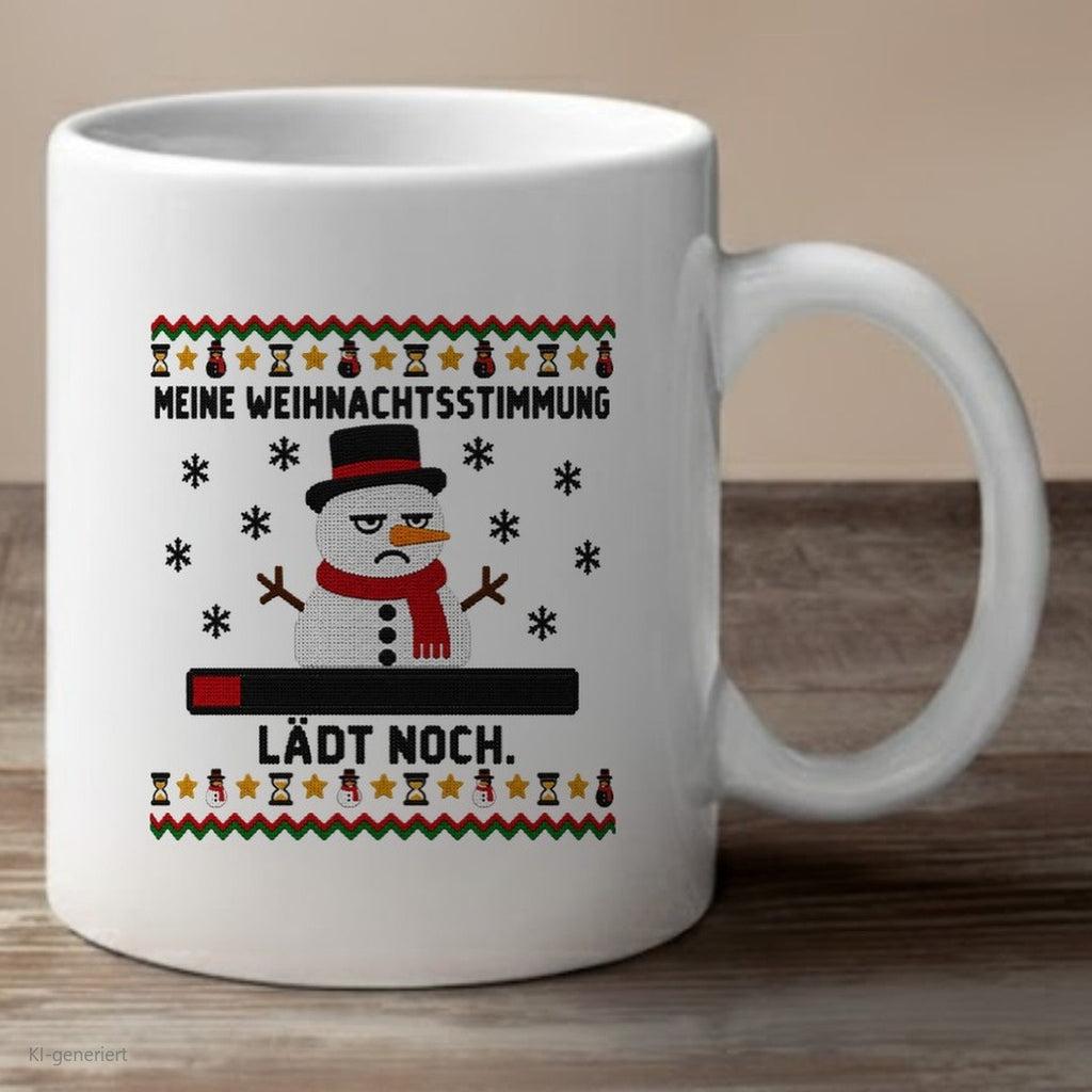 Schneemann Weihnachtstasse Stimmung lädt noch - lustige Tasse mit Ugly-Christmas-Motiv