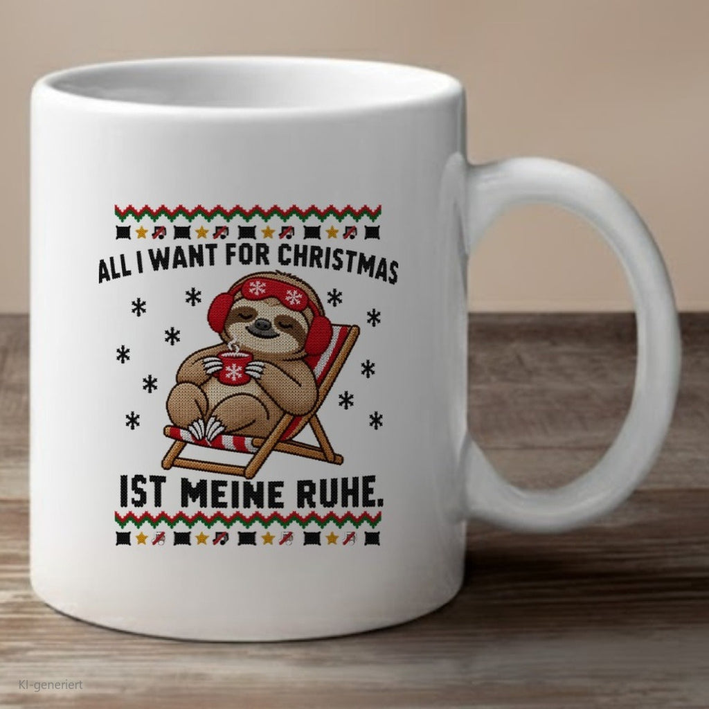 Faultier Weihnachtstasse All I want is Ruhe - lustige Tasse mit Ugly-Christmas-Motiv