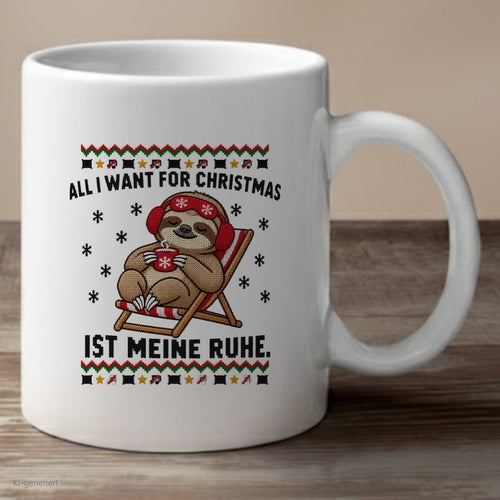 Faultier Weihnachtstasse All I want is Ruhe - lustige Tasse mit Ugly-Christmas-Motiv
