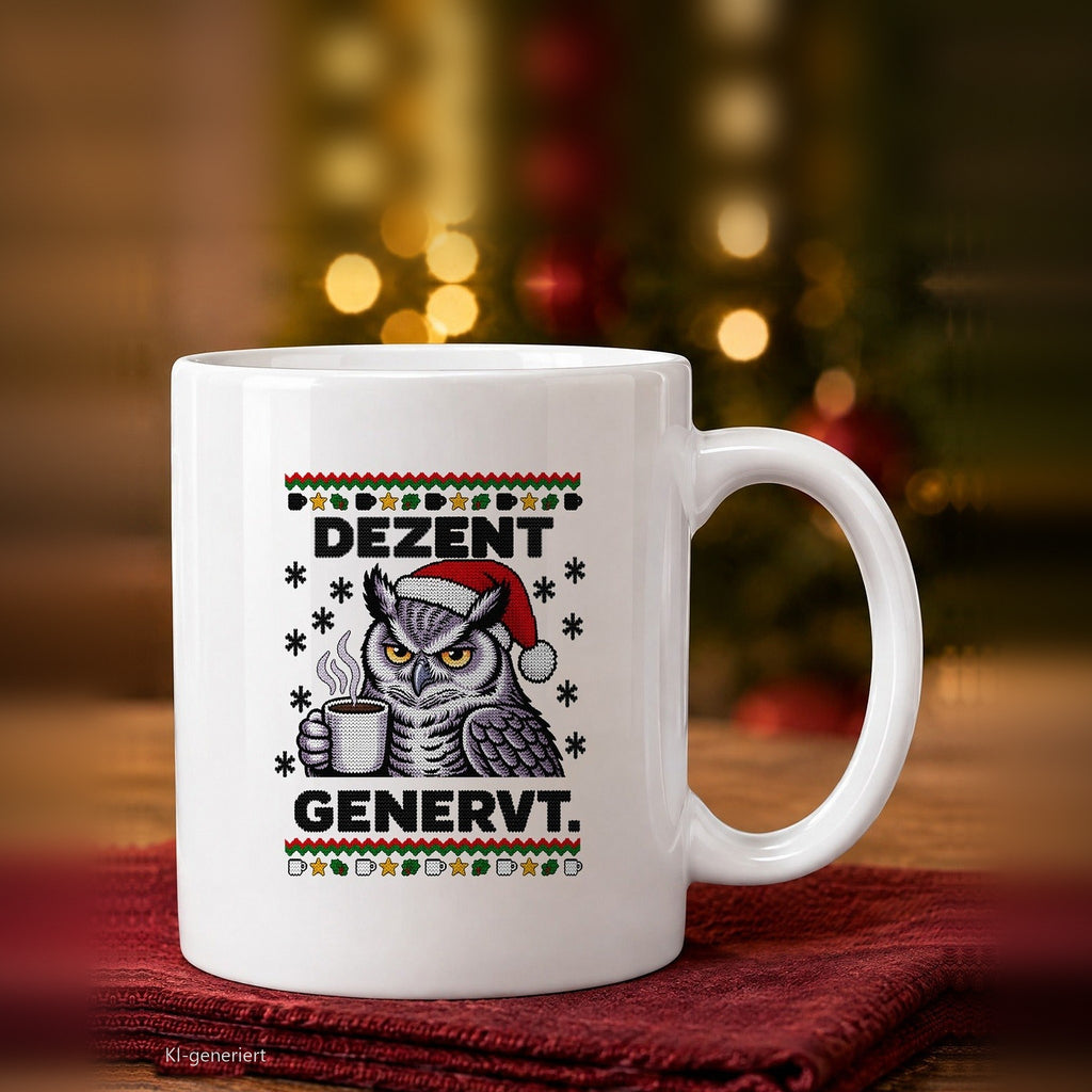 Eule Weihnachtstasse Dezent genervt vor dem Tannenbaum - lustige Tasse mit Ugly-Christmas-Motiv